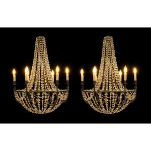 Large Pair Of Crystal Pendant Chandeliers