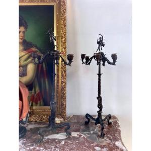 Pair Of Bronze Candlesticks, XIXth Century