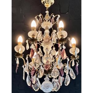 Two-tone Cage Chandelier, 6 Lights, Amethyst Crystal & Gilt Bronze - Louis XV Style