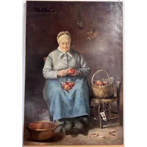 Oil On Canvas Signed J. Badie, "la Peleuse De Pommes" Or "woman Peeling Apples" Dated 1893