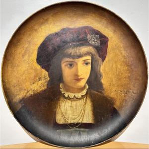 Sarreguemines Majolica Dish With Painted Decoration - "portrait Of A Young Man" - Dated 1881