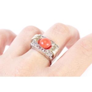 Tank Coral Diamond Ring in 18k Gold And Platinum, Tank Ring, Cabochon Cut Coral, Antique Ring, Retro Jewelry