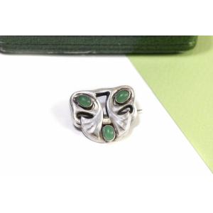 Jugendstil Silver Brooch In Silver, Green Glass Cabochons, Pforzheim, 1900, Antique Jewelry