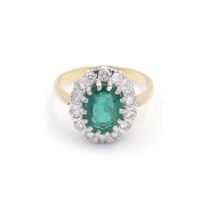Emerald Cluster Ring 2.61 Cts In 18 Karat Gold, Brilliant Cut Diamonds, Vintage, Zambia