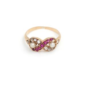 Antique Infinity Ruby Diamond Ring In 18k Gold, Infinity Symbol, Antique Ring, Natural Pearl