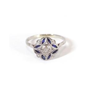 Art Deco Sapphire Platinum Ring In 18k Gold And Platinum, Art Deco Target Ring, Sapphire