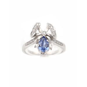 Pear-cut Sapphire Bow Ring In 18k White Gold, Romantic Ribbon Vintage Ring With Diamonds