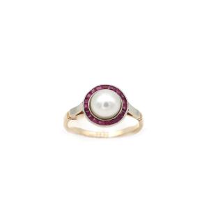 Art Deco Ruby Pearl Halo Ring In 18 Karat Gold And Platinum, Target Ring, Art Deco Jewelry