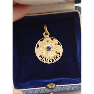 Art Nouveau January Month Medal In 18k Gold, Birth Medal, Birth Pendant, Aquarius, Capricorn 