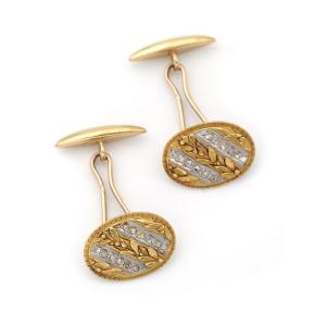 Art Nouveau French Cufflinks In 18k Gold Diamonds Olive Branch, Mens Jewelry, Cufflinks For Men