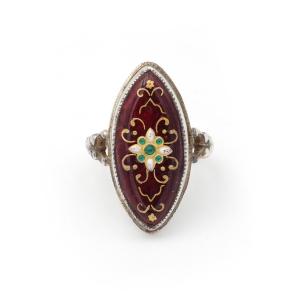 Antique French Regional Bresse Red Enamel Ring Silver, Burgundy, French Regional Ring