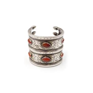 Turkmen Cuff Bracelet In Solid Silver, Carnelian, Ethnic Bracelet, Turkmenistan
