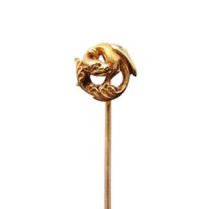 Wiese Dragon Pin In 18k Gold, Tie Pin Signed Louis Wiese, Neo-gothic