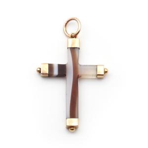 Antique Agate Cross Pendant In 18k Gold, Victorian Sardonyx Agate Cross With Stripes