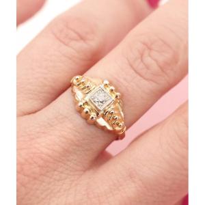 Retro Solitaire Ring With 18 Karat Gold Beads, Retro French Diamond Ring, Vintage Ring 