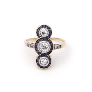 Art Deco Diamond Sapphire Long Ring In 18k Gold And Platinum, Long Diamond Sapphire Ring