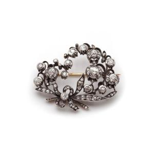 Antique Lily Of The Valley Diamond Brooch In 18 Karat Gold And Silver, Ivy Leaves