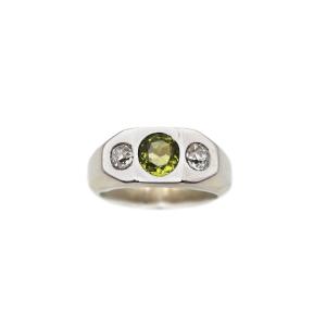 Mid-century Diamond Tourmaline Ring In White Gold 18k, Vintage Signet Ring