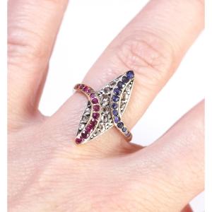 French Patriotic Marquise Ring In 18k Gold And Silver, Rubies, Sapphires And Diamonds