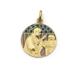Aloysius De Gonzaga Enamel Pendant In 18k Gold, Jesuit, Plique A Jour Enamel, Art Nouveau
