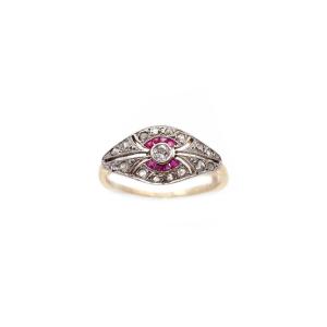 Art Deco Ruby Diamond Ring In Platinum And 18k Gold, Antique Band Ring, Rose Cut Diamond