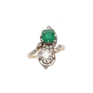 Belle Epoque Toi Et Moi Ring With Emerald And Diamond In 18k Gold, You And Me Ring
