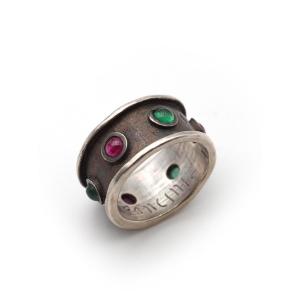 Archaeology Revival Band Ring In Silver With Rubies And Emeralds, Cabochon Cut, Signed Ring