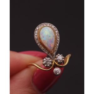 Tiara Opal Diamond Ring In 18k gold, Belle Epoque Ring, Edwardian Ring, Opal Diamond Ring