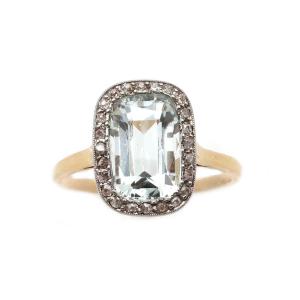 Art Deco Aquamarine Diamond Cluster Ring In 18k Gold And Platinum, Wedding Ring