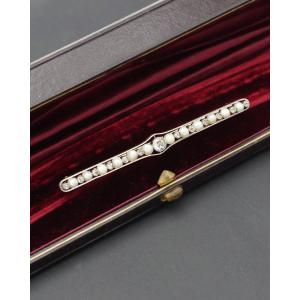 Long Natural Pearl And Diamond French Edwardian Brooch In 18k Gold And Platinum 