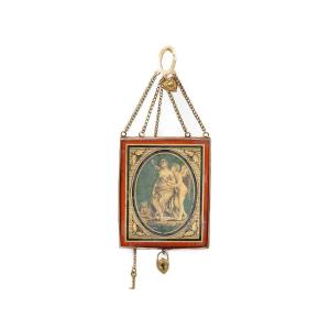 Georgian Antique Eglomise Love Pendant With Cupid, 18k Gold, French Rectangular Shape Pendant