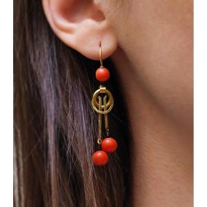 Victorian Coral Antique Long Pendant Earrings 18k Gold, Logn Earrings, Coral Beads