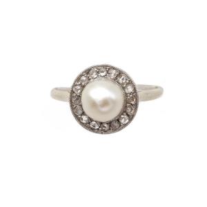 Art Deco Pearl Diamond Ring In 18k Gold, Circular Ring, Rose Cut Diamond, Certified Pearl 
