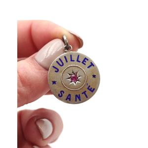 Birth July Ruby Medal In Silver, "july Health" Pendant, Ruby, Art Deco Pendant