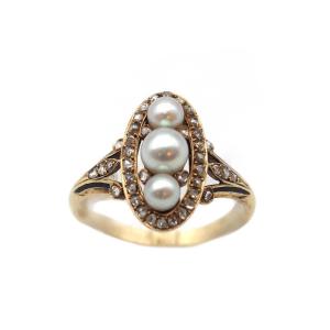 Edwardian Navette Pearls Ring In 18k Gold, Belle Epoque Pearl Diamond Ring, Antique Jewelry