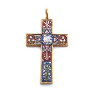 Italian Micromosaic Cross Pendant In 18 Karat Gold, Grand Tour Jewelry, Christian Cross