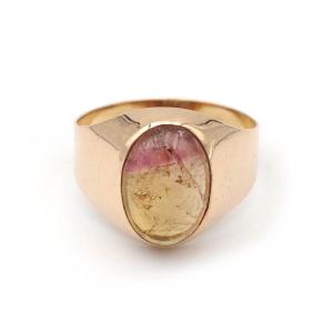 Two-tone Tourmaline Vintage French Signet Ring In 18k Gold, Cabochon Cut, Signet Ring 
