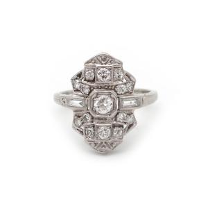 Art Deco Diamond Navette Ring In Gold And Platinum, French Art Deco Jewelry 