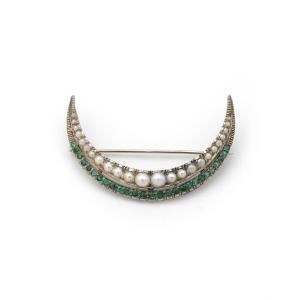 Crescent Moon Brooch In 18 Karat White Gold, Beads And Imitation Stones