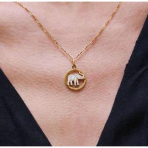 Lucky White Elephant Pendant In 18 Karat Gold, Antique Charm