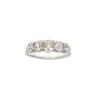 Five Old-cut Diamonds Platinum Ring, 1.42 Ct, Antique Band Ring