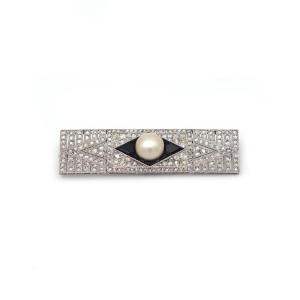 Art Deco Onyx Fine Pearl Brooch In Platinum, Rectangular Brooch