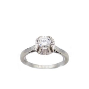 Solitaire Diamond Ring, 0.50 Ct In 18k White Gold, Retro Diamond Ring