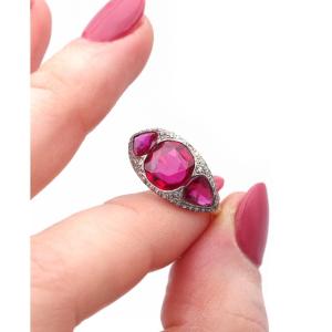 Art Deco Ruby Diamond Ring In 18 Karat Gold And Platinum, Synthetic Rubies 