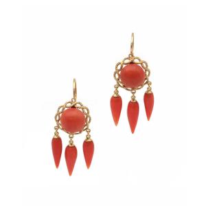Victorian Girandoles Coral Earrings In 18k Gold, French Long Earrings