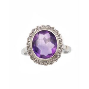 Edwardian Amethyst Cluster Ring In Platinum And 18k Gold, Diamond 