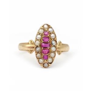Victorian Navette Ruby Ring In 18 Karat Gold, Antique Ruby Ring