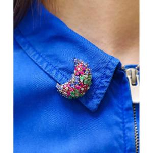 Art Deco Tutti Frutti Lapel Clip In 18k Gold And Platinum, Sapphires, Rubies, Emeralds