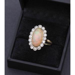 French Belle Epoque Opal Diamond Cluster Ring In 18k Gold And Platinum