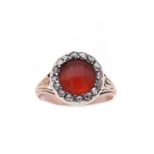 Antique French Georgian Cluster Carnelian Diamond Ring In 18k Gold And Silver